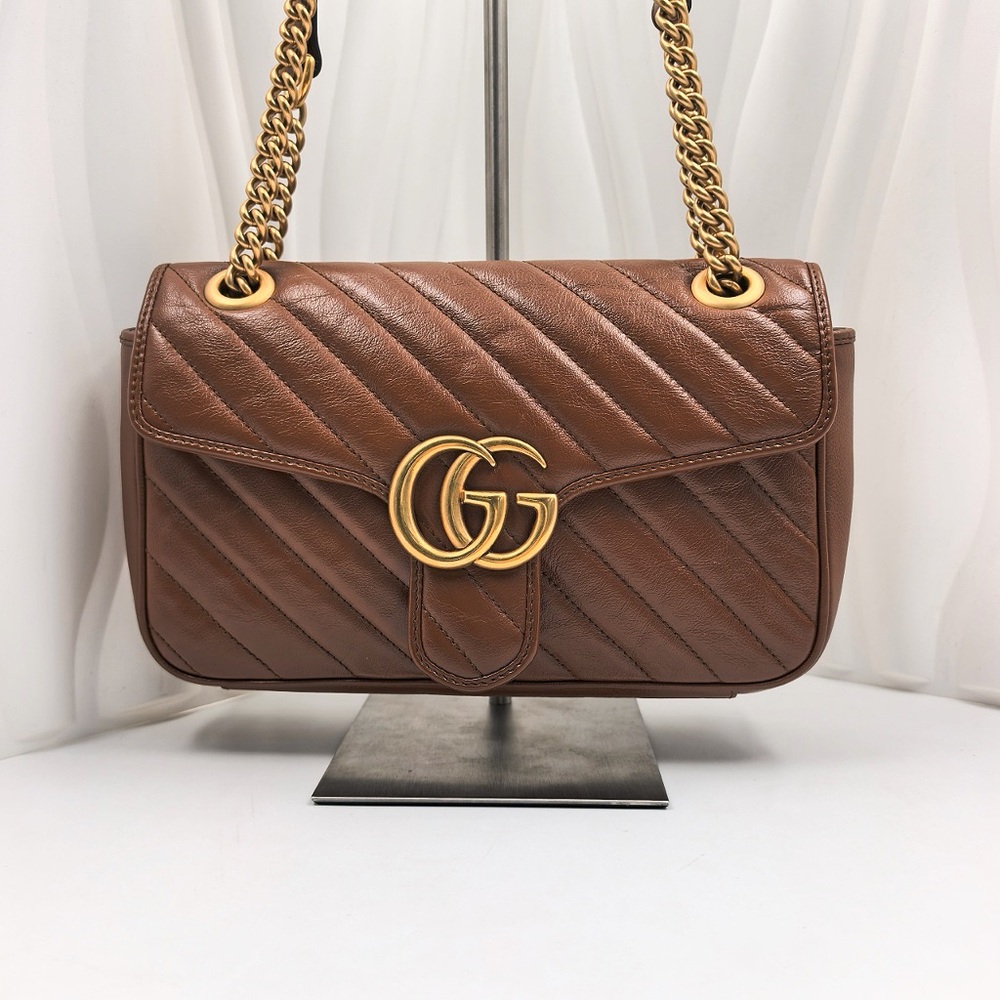 GUCCI GG Marmont Small Shoulder Bag Caramel Quilted Leather